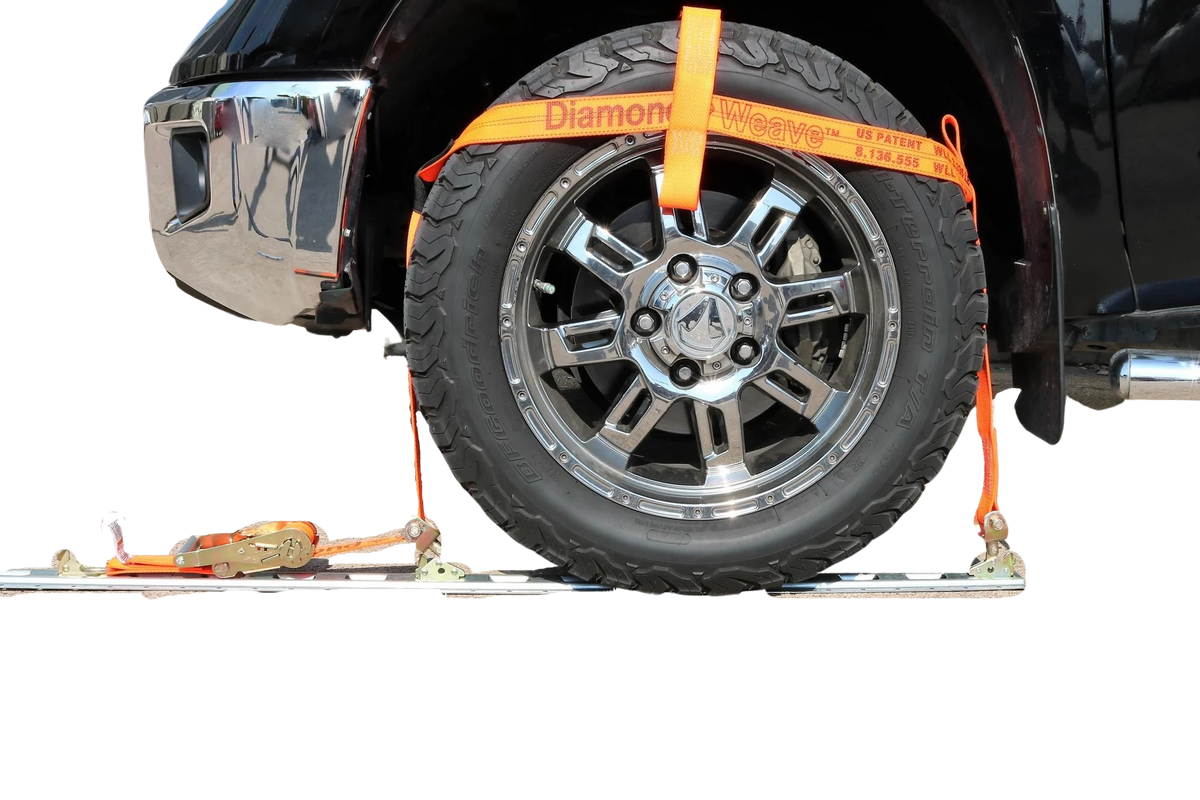 2" Orange Diamond Weave Fully Adjustable Tire Bonnet with E Track Swivel Ratchet - 2,000 lbs WLL, for Motorsports, 4x4, Off-Road, UTV, ATV CasterHQ