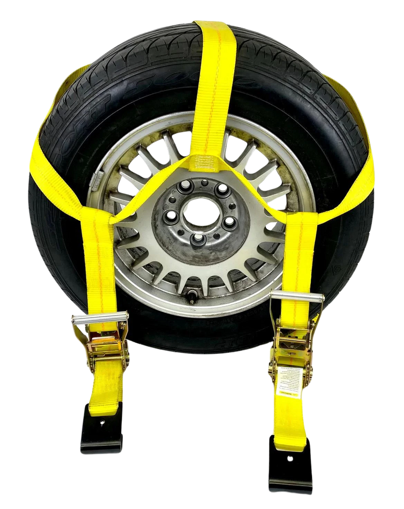 Yellow Side Mount Tire Net Tow Dolly Strap with 2" Ratchets, 32" Adjustable Short End, Flat Hooks, 3,333 lbs WLL, Part CT-TBSWIFT-YL CasterHQ