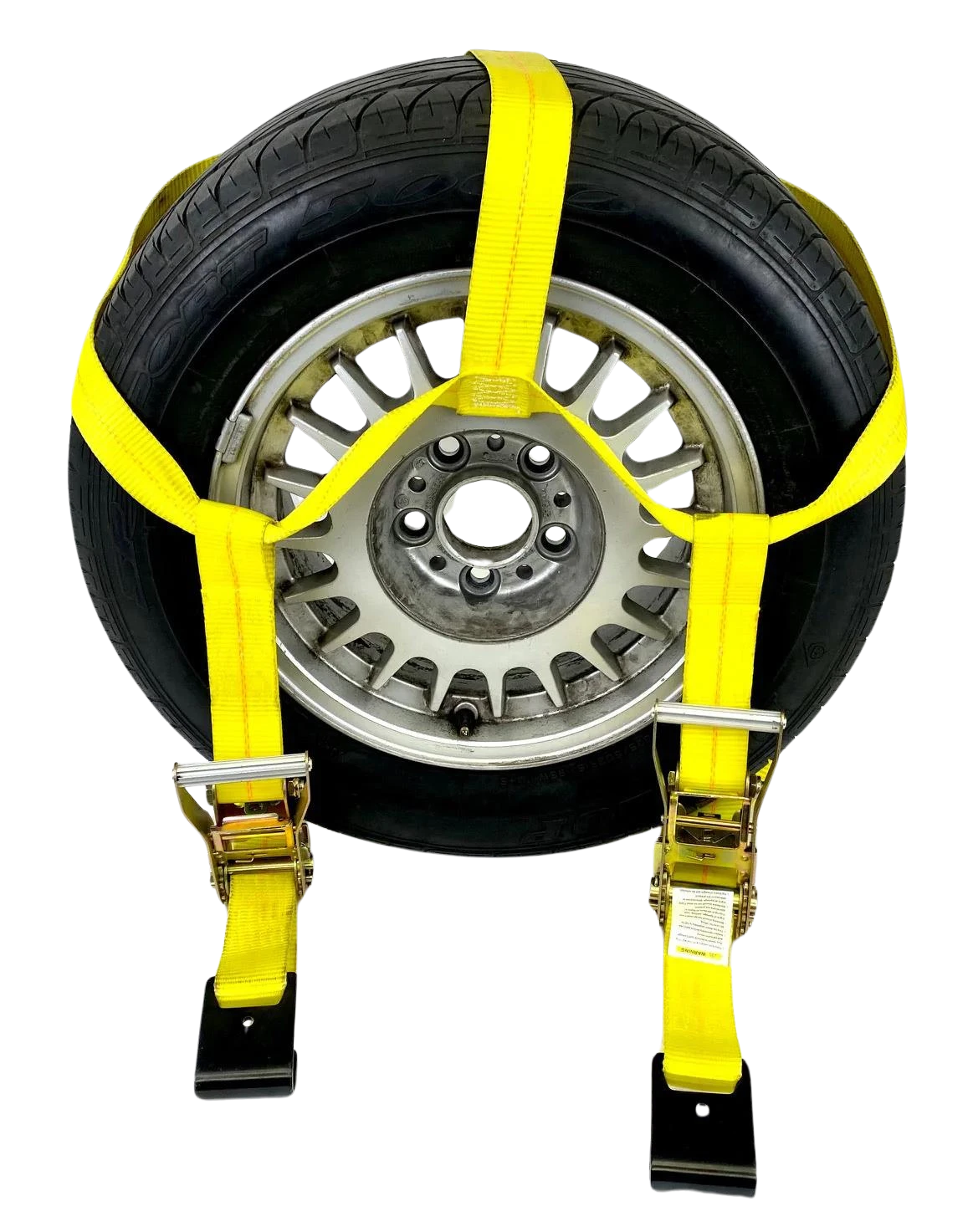 Yellow Side Mount Tire Net Tow Dolly Strap with 2" Ratchets, 32" Adjustable Short End, Flat Hooks, 3,333 lbs WLL, Part CT-TBSWIFT-YL CasterHQ
