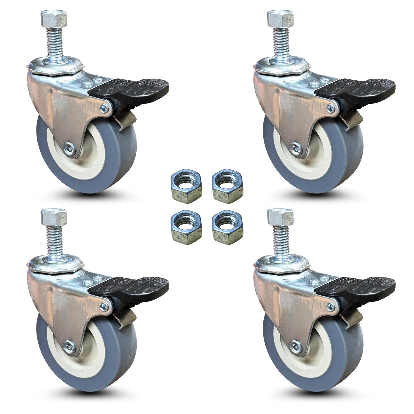 Heavy Duty Locking Casters - 2.5 Inch Gray Swivel Caster Wheels, 3/8-Inch Stem Dia., 1-Inch Stem Length, Threaded Stem Casters, Set of 4 CasterHQ