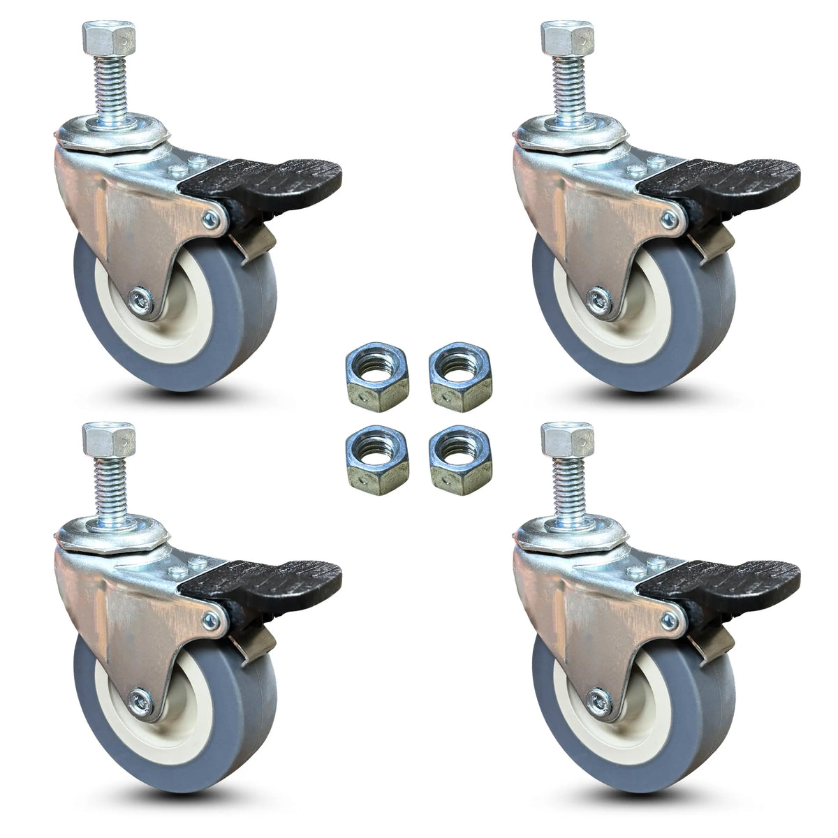 Heavy Duty Locking Casters - 2.5 Inch Gray Swivel Caster Wheels, 3/8-Inch Stem Dia., 1-Inch Stem Length, Threaded Stem Casters, Set of 4 -  | CasterHQ