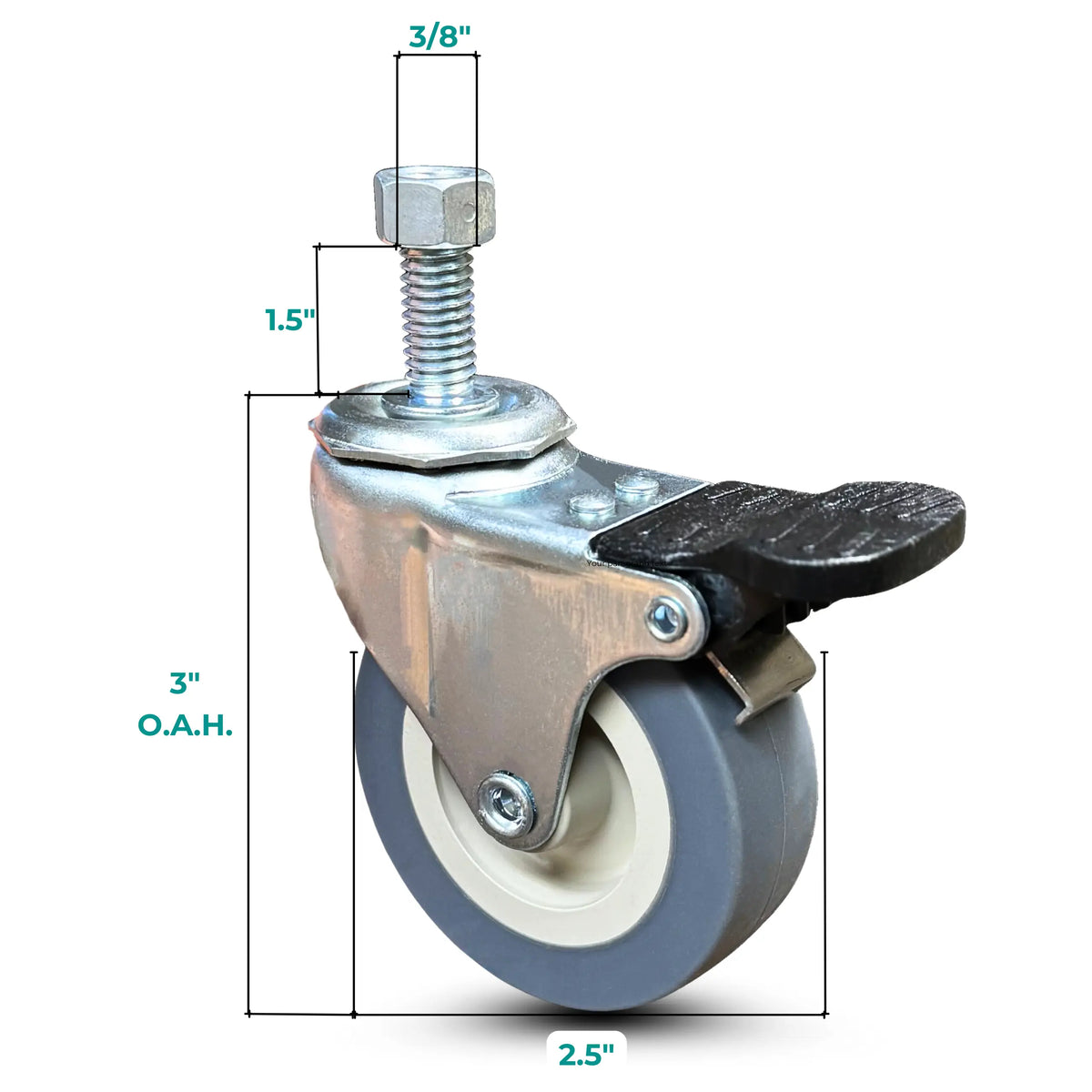 Heavy Duty Locking Casters - 2.5 Inch Gray Swivel Caster Wheels, 3/8-Inch Stem Dia., 1-Inch Stem Length, Threaded Stem Casters, Set of 4 -  | CasterHQ