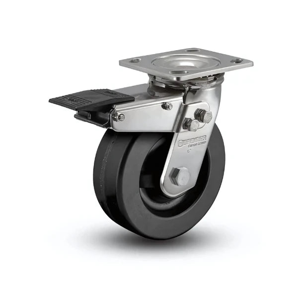 4" x 2" Stainless Phenolic Delrin Bearing Caster with Total Lock and 4" x 4.5" Plate - Heavy Duty, Corrosion-Resistant, Industrial & Commercial Use - Model D4.04109.331 BRK4 SS colson-header