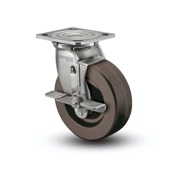 4" x 2" Stainless Steel Hi-Temp Phenolic Roller Bearing Side-Lock Caster with 4" x 4.5" Mounting Plate - D4.04109.339 HT BRK7 SS WB29 for Industrial High-Temperature Applications colson-header