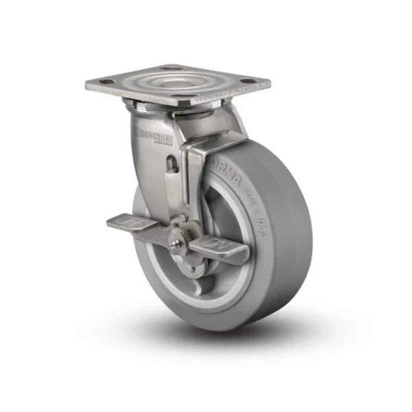 Colson Casters Stainless 4" x 2" Performa Rubber (Flat/Grey) Delrin Bearing Side-Lock Caster - 4" x 4.5" Plate - SKU: D4.04109.451 BRK7 SS - Heavy-Duty Mobility Solution for Industrial and Medical Applications colson-header