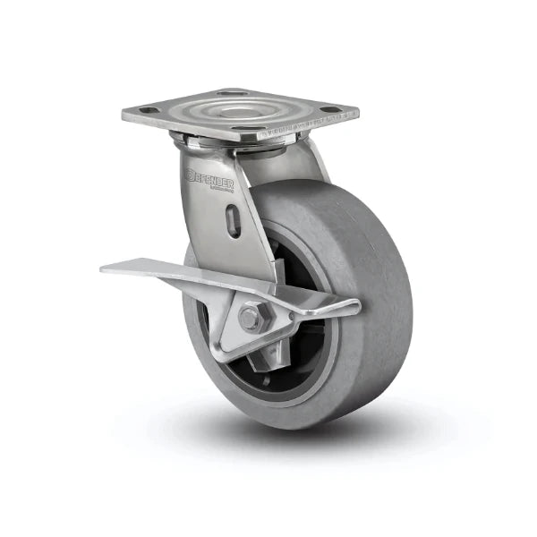 4" x 2" Stainless Performa Rubber CAM-Brake Caster - Flat/Conductive Roller Bearing with 4" x 4.5" Plate (Model D4.04109.459 COND BRK3 SS WB29) for Enhanced Performance and Safety in Industrial Applications colson-header1