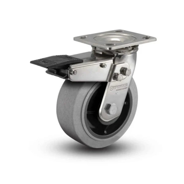 Colson Casters Stainless 4" x 2" Performa Rubber (Flat/Conductive) Roller Bearing Caster with Total Lock - 4" x 4.5" Plate - SKU: D4.04109.459 COND BRK4 SS WB29 colson-header