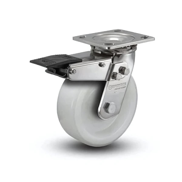 4" x 2" Stainless Steel White Nylon Caster with Delrin Bearings and Total Lock - Heavy-Duty 4" x 4.5" Plate - Model D4.04109.531 WN BRK4 SS colson-header1