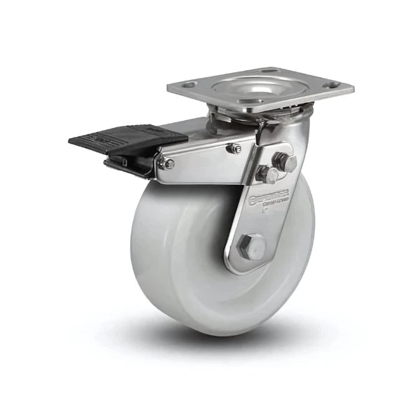 4" x 2" Stainless White Nylon Precision Ball Bearing Caster with Total Lock Mechanism and 4" x 4.5" Plate - Heavy-Duty, Durable Rigid Caster for Industrial Applications - Model D4.04109.535 WN BRK4 SS colson-header1