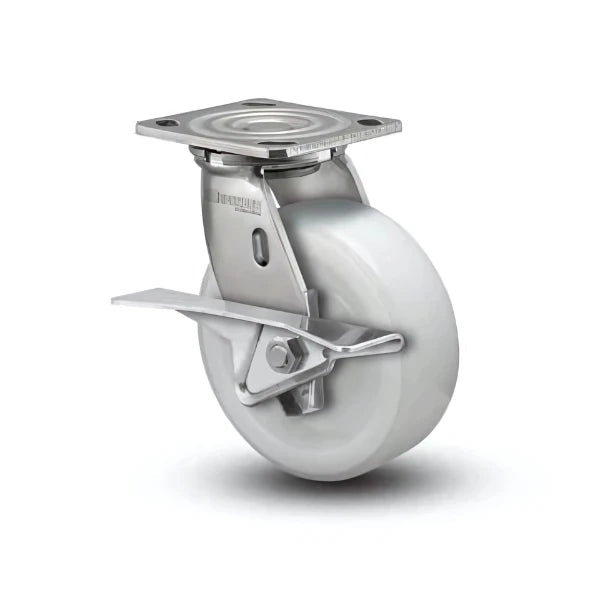 4" x 2" Stainless White Nylon Roller Bearing CAM-Brake Caster with 4" x 4.5" Plate - Durable and Secure for Light to Medium-Duty Applications - Model D4.04109.539 WN BRK3 SS WB29 colson-header1