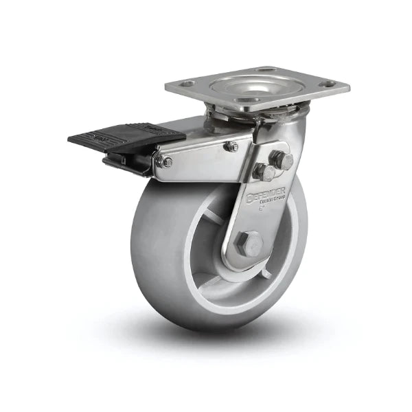4" x 2" Stainless Performa Rubber Round Caster with Total Lock - Precision Ball Bearing, 4" x 4.5" Plate - Ideal for Industrial and Commercial Use | Model D4.04109.555 BRK4 SS colson-header1