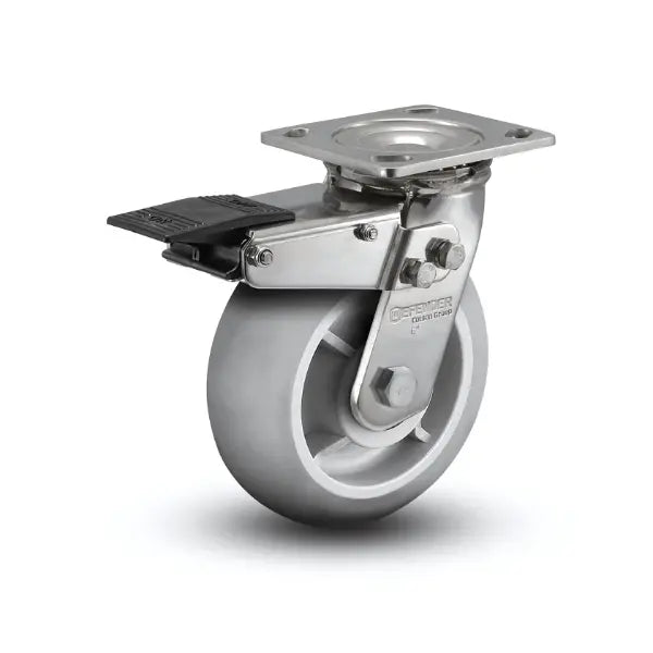 4" x 2" Stainless Performa Rubber Round Caster with Total Lock - Precision Ball Bearing, 4" x 4.5" Plate - Ideal for Industrial and Commercial Use | Model D4.04109.555 BRK4 SS -  | CasterHQ