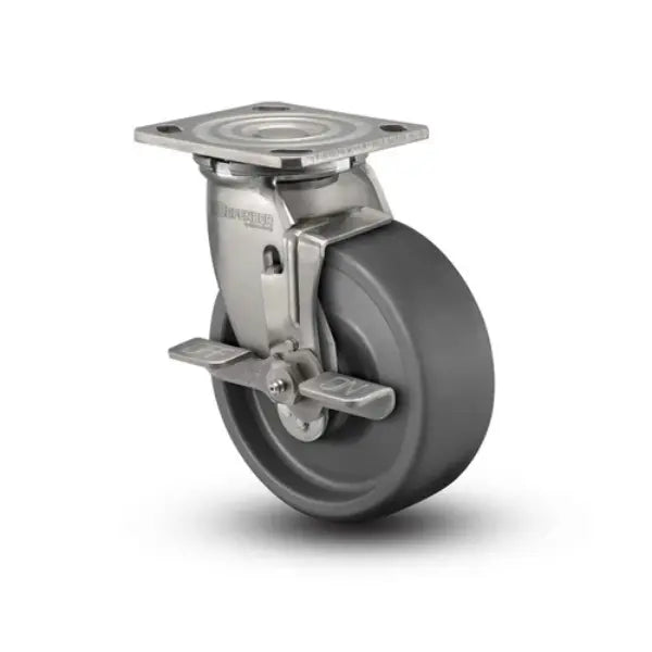 Colson Casters 4" x 2" Solid Elastomer Delrin Bearing Side-Lock Caster with 4" x 4.5" Plate - Durable Stainless Steel - SKU: D4.04109.831 EN BRK7 SS -  | CasterHQ