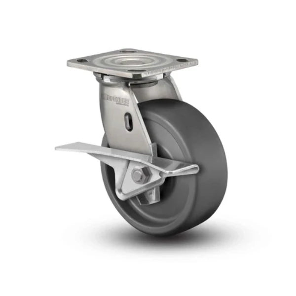 Colson Casters Stainless 4" x 2" Solid Elastomer Roller Bearing CAM-Brake Caster - 4" x 4.5" Plate | SKU: D4.04109.839 EN BRK3 SS WB29 - Ideal for Industrial and Medical Applications colson-header