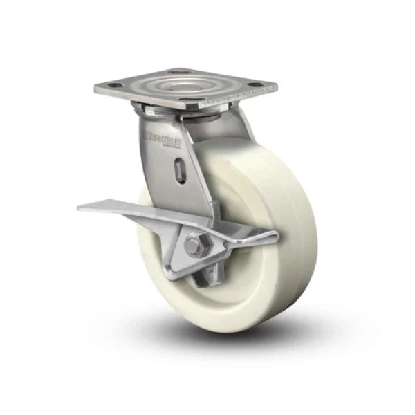 Colson Casters Stainless 4" x 2" Hi-Temp Retort Roller Bearing CAM-Brake Caster with 4" x 4.5" Plate - SKU: D4.04109.839 RW BRK3 SS WB29 | Heavy-Duty, High-Temperature Caster for Industrial & Retort Applications colson-header
