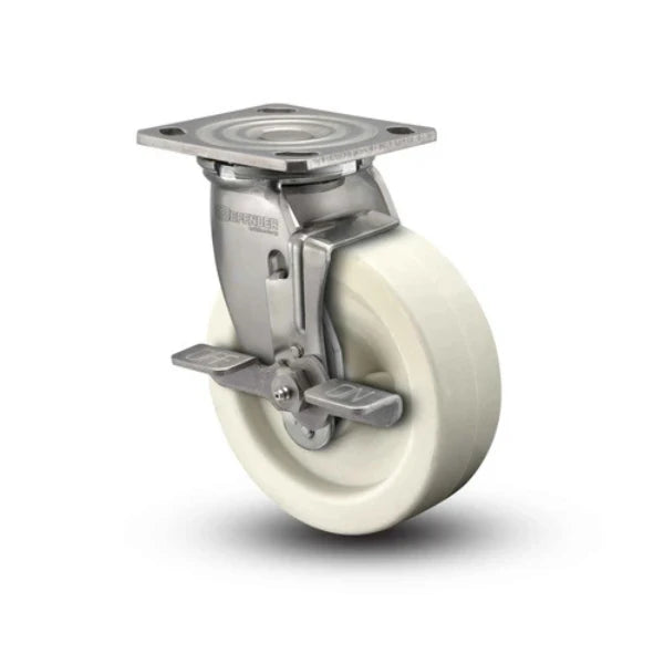 Colson Casters Stainless 4" x 2" Hi-Temp Retort Roller Bearing Top-Lock Caster with 4" x 4.5" Plate - SKU: D4.04109.839 RW BRK7 SS WB29 | Heat-Resistant Industrial Casters for High-Temperature Environments colson-header