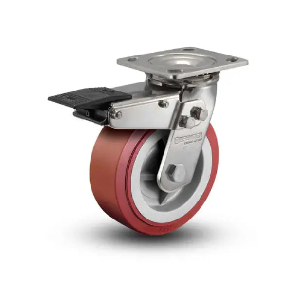 Colson Casters Stainless 4" x 2" HI-TECH Polyurethane Precision Ball Bearing Caster with Total Lock - 4" x 4.5" Plate - SKU: D4.04109.925 BRK4 SS -  | CasterHQ