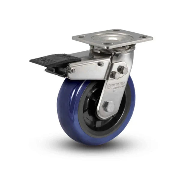 Colson Casters Stainless 4" x 2" Eagle Polyurethane Precision Ball Bearing Caster with Total Lock - 4" x 4.5" Plate - SKU: D4.04109.925 EG BRK4 SS colson-header