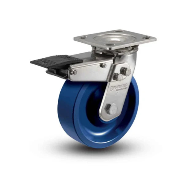 Colson Casters Stainless 4" x 2" K Solid Polyurethane Caster with Delrin Bearing, Total Lock & 4" x 4.5" Plate - SKU: D4.04109.931 KW BRK4 SS colson-header