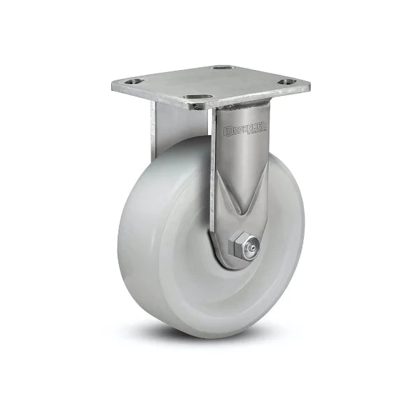 5" x 2" Stainless Steel White Nylon Delrin Bearing Rigid Caster - Heavy-Duty 4" x 4.5" Plate - D4.05108.531 WN SS for Industrial Use colson-header