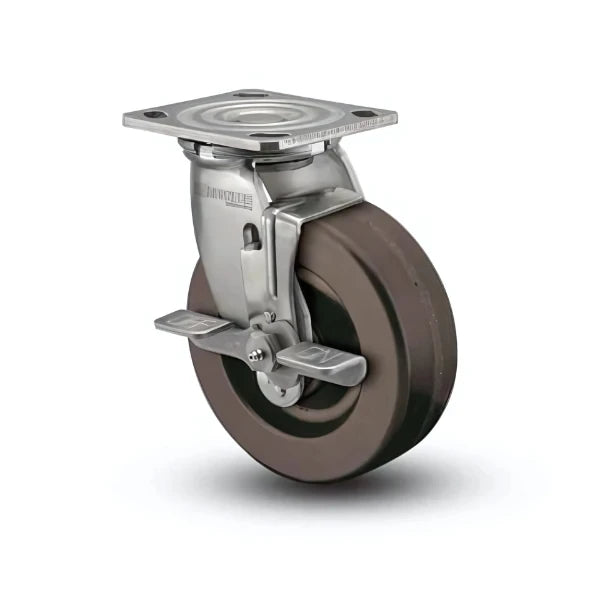 5" x 2" Stainless Steel Hi-Temp Phenolic Delrin Bearing Side-Lock Caster with 4" x 4.5" Plate - High-Performance for Industrial & High-Temperature Environments - D4.05109.331 HT BRK7 SS colson-header