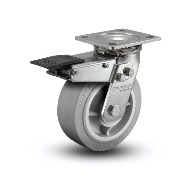 5" x 2" Stainless Steel Performa Rubber Caster with Total Lock - Delrin Bearing and 4" x 4.5" Plate - Ideal for Heavy-Duty Applications (Model: D4.05109.451 BRK4 SS) colson-header1
