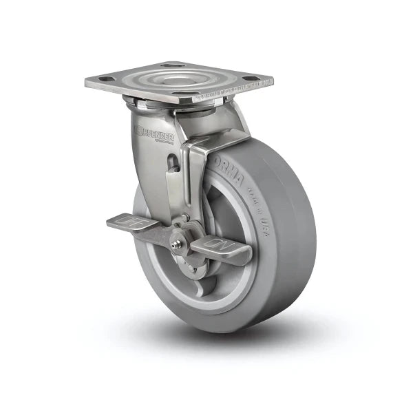 5" x 2" Stainless Steel Performa Rubber Caster - Precision Ball Bearing Side-Lock with 4" x 4.5" Plate - D4.05109.455 BRK7 SS for Heavy-Duty Applications colson-header1
