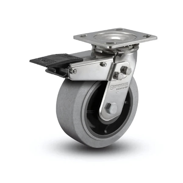 5" x 2" Stainless Performa Rubber (Flat/Conductive) Precision Ball Bearing Caster with Total Lock - Heavy-Duty 4" x 4.5" Plate - Model D4.05109.455 COND BRK4 SS colson-header1