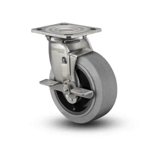 Colson Casters Stainless 5" x 2" Performa Rubber (Flat/Conductive) Precision Ball Bearing Top-Lock Caster with 4" x 4.5" Plate - SKU: D4.05109.455 COND BRK7 SS | Durable and Reliable Mobility Solution for Industrial Applications -  | CasterHQ