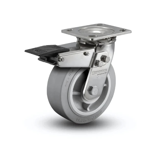 5" x 2" Stainless Performa Rubber (Flat/Grey) Roller Bearing Caster with Total Lock - Heavy-Duty 4" x 4.5" Plate - Model D4.05109.459 BRK4 SS WB29 colson-header1