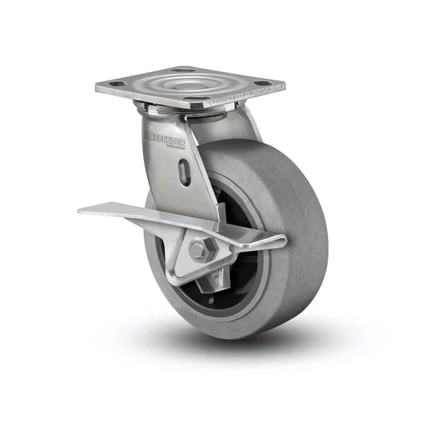 5" x 2" Stainless Performa Rubber CAM-Brake Caster | Flat Conductive Roller Bearing with 4" x 4.5" Plate - High-Performance for Industrial Use (Model D4.05109.459 COND BRK3 SS WB29) colson-header1