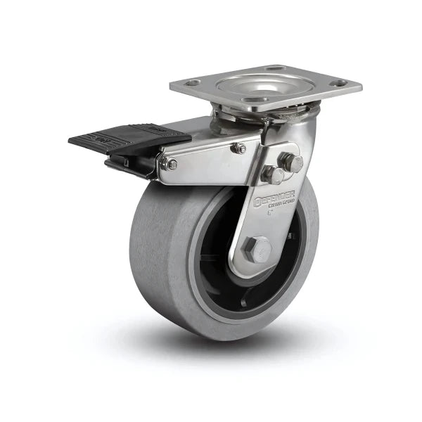 5" x 2" Stainless Performa Rubber Roller Bearing Caster with Total Lock - Flat/Conductive, 4" x 4.5" Plate - D4.05109.459 COND BRK4 SS WB29 for Industrial Applications colson-header1