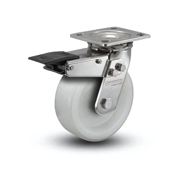 5" x 2" Stainless Steel White Nylon Delrin Bearing Caster with Total Lock - Heavy-Duty Rigid Caster and 4" x 4.5" Plate for Secure Mobility - Model D4.05109.531 WN BRK4 SS colson-header1
