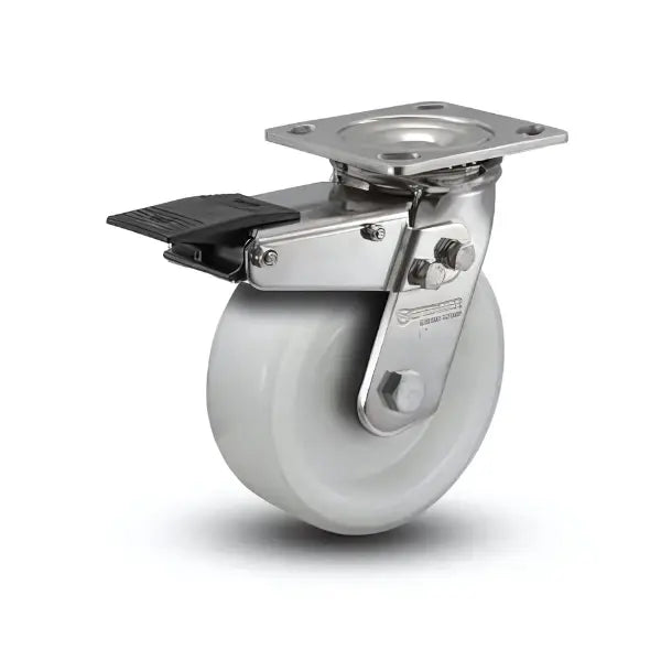 5" x 2" Stainless Steel White Nylon Delrin Bearing Caster with Total Lock - Heavy-Duty Rigid Caster and 4" x 4.5" Plate for Secure Mobility - Model D4.05109.531 WN BRK4 SS -  | CasterHQ