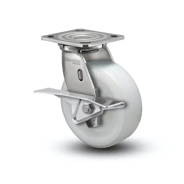 5" x 2" Stainless White Nylon Roller Bearing CAM-Brake Caster - 4" x 4.5" Plate - High-Performance Industrial Caster with Secure Locking Mechanism - Model D4.05109.539 WN BRK3 SS WB29 -  | CasterHQ