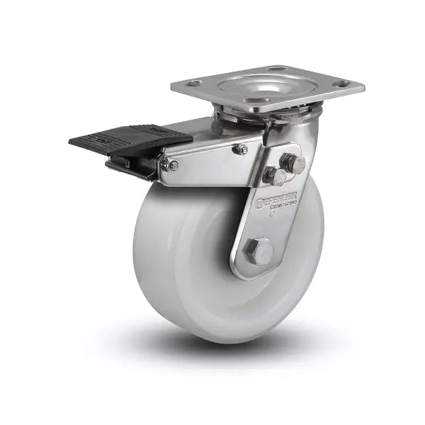 5" x 2" Stainless White Nylon Roller Bearing Caster with Total Lock Mechanism | Heavy-Duty 4" x 4.5" Plate | Model D4.05109.539 WN BRK4 SS WB29 -  | CasterHQ
