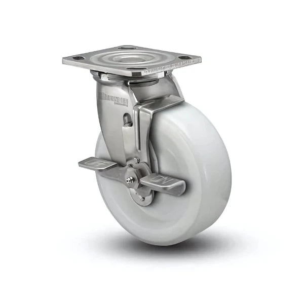 5" x 2" Stainless White Nylon Roller Bearing Side Lock Caster with 4" x 4.5" Plate - Heavy-Duty, Durable Mobility Solution for Industrial Applications - Model D4.05109.539 WN BRK7 SS WB29 colson-header1