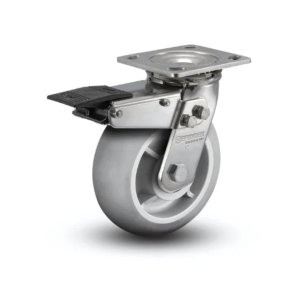 5" x 2" Stainless Performa Rubber Caster with Total Lock | Delrin Bearing for Heavy-Duty Applications | 4" x 4.5" Plate - D4.05109.551 BRK4 SS colson-header1