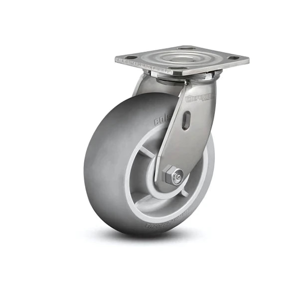5" x 2" Stainless Performa Rubber Round Caster with Delrin Bearing and 4" x 4.5" Plate - Heavy-Duty, Durable Design for Industrial Applications (Model D4.05109.551 SS) colson-header1
