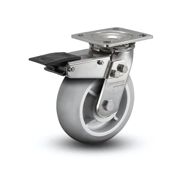5" x 2" Stainless Performa Rubber (Round) Precision Ball Bearing Caster with Total Lock - Heavy-Duty 4" x 4.5" Plate for Industrial Use - Model D4.05109.555 BRK4 SS colson-header1