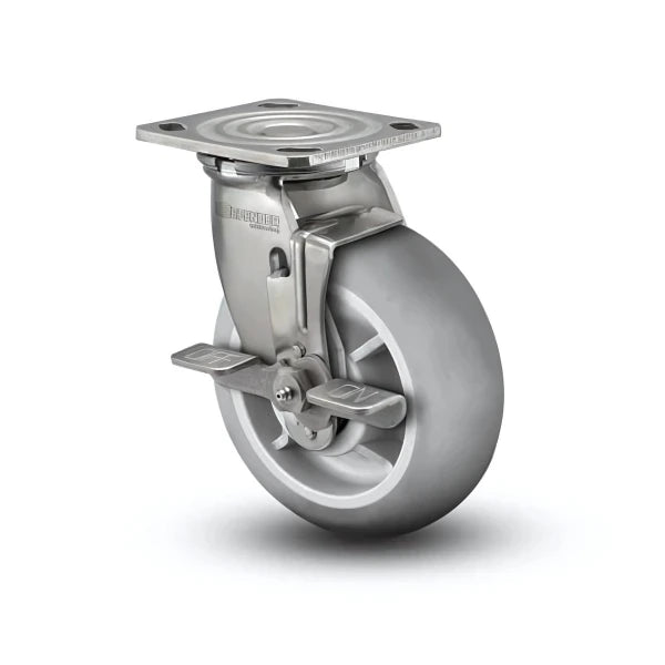 5" x 2" Stainless Steel Performa Rubber Precision Ball Bearing Side-Lock Caster with 4" x 4.5" Plate - Heavy-Duty and Durable for Industrial Use - Model D4.05109.555 BRK7 SS colson-header1