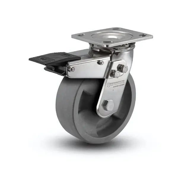 5" x 2" Stainless HD Nylon Glass Filled Delrin Bearing Caster with Total Lock Mechanism and 4" x 4.5" Plate - Heavy-Duty Mobility Solution for Industrial Applications (Model: D4.05109.831 DT BRK4 SS) -  | CasterHQ