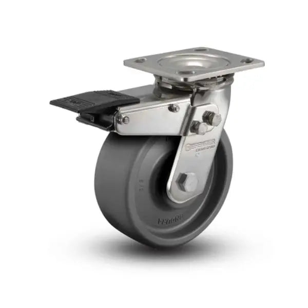 Colson Casters 5" x 2" Solid Elastomer Delrin Bearing Caster with Total Lock - 4" x 4.5" Plate - SKU: D4.05109.831 EN BRK4 SS | Durable Stainless Steel Caster for Industrial & Medical Use -  | CasterHQ