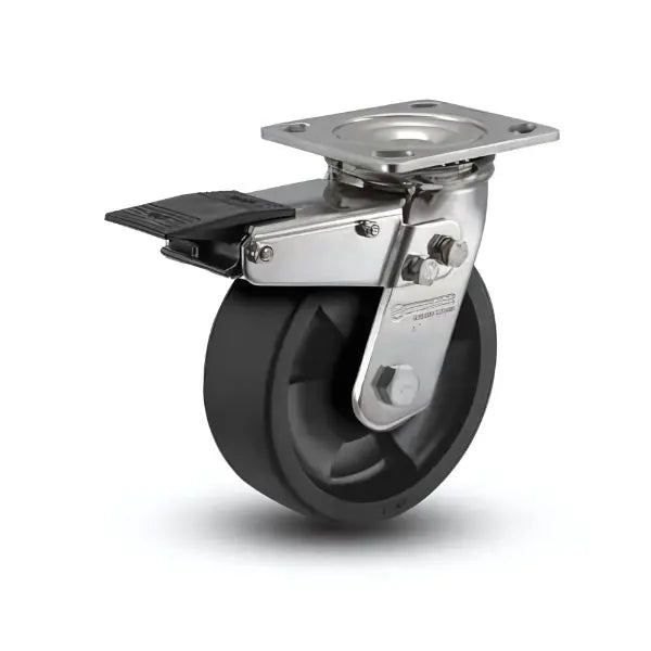 5" x 2" Stainless Steel Hi-Temp Nylon Delrin Bearing Caster with Total Lock | 4" x 4.5" Plate - Ideal for Heavy-Duty and High-Temperature Applications - Model D4.05109.831 HTBLK BRK4 SS -  | CasterHQ