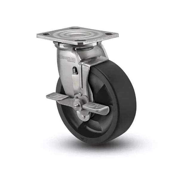 5" x 2" Stainless Steel Hi-Temp Nylon Delrin Bearing Side Lock Caster - Heavy-Duty Rigid Caster with 4" x 4.5" Plate (Model D4.05109.831 HTBLK BRK7 SS) colson-header1