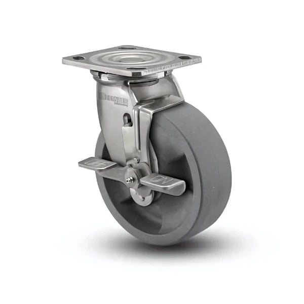 5" x 2" Stainless Steel HD Nylon Glass Filled Precision Ball Bearing Side-Lock Caster with 4" x 4.5" Plate - Heavy-Duty Model D4.05109.835 DT BRK7 SS for Industrial Applications colson-header