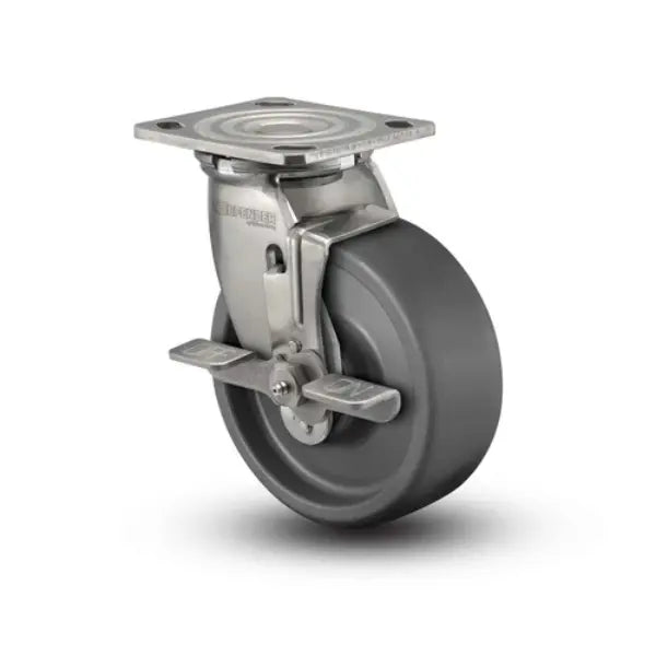 Colson Casters Stainless 5" x 2" Solid Elastomer Precision Ball Bearing Top-Lock Caster - 4" x 4.5" Plate - SKU: D4.05109.835 EN BRK7 SS | Heavy-Duty, Durable, and Ergonomic Caster for Industrial and Medical Applications -  | CasterHQ