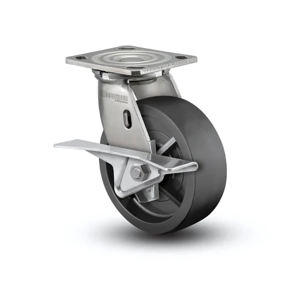 Stainless Steel 5"x2" Polyolefin Swivel Caster with CAM-Brake, 650 lb Load, 4"x4.5" Plate colson-header