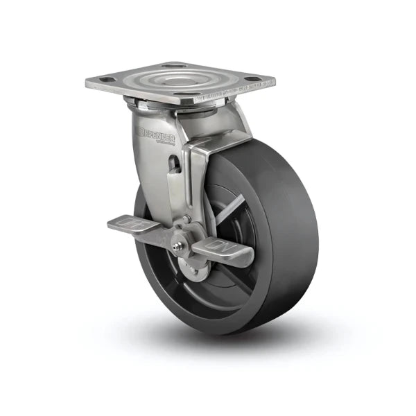 5"x2" Stainless Steel Polyolefin Swivel Caster with Side-Lock Brake, 650 lb Capacity, 4"x4.5" Plate colson-header