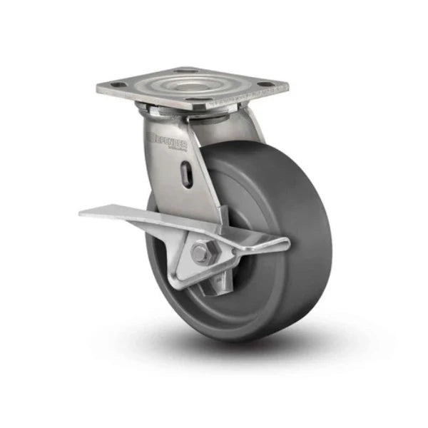 Colson Casters Stainless 5" x 2" Solid Elastomer Roller Bearing CAM-Brake Caster with 4" x 4.5" Plate - SKU: D4.05109.839 EN BRK3 SS WB29 | Durable, Heavy-Duty Mobility Solution colson-header